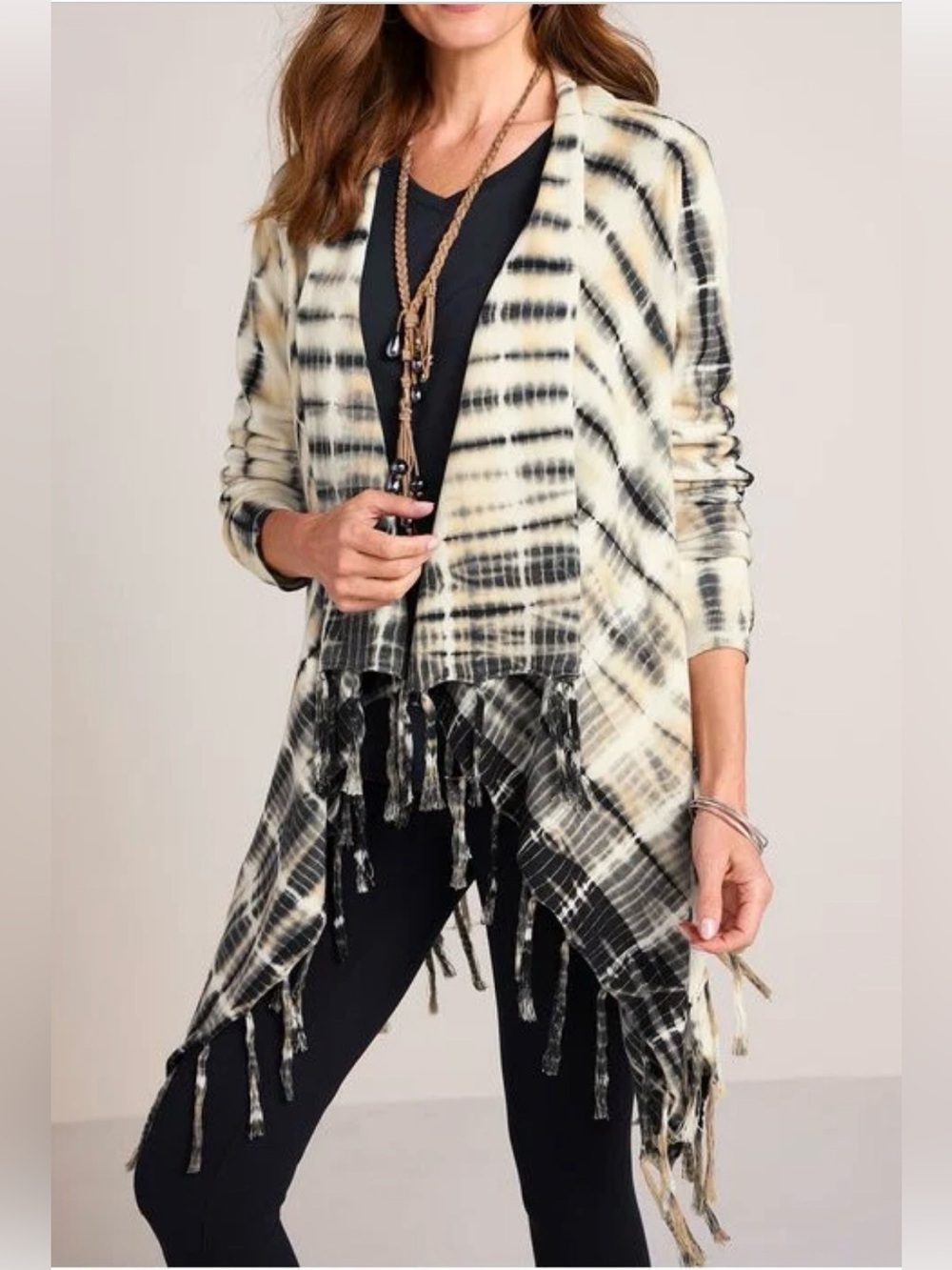 Soft Surroundings NWT Mystic Sands tan/black tie dye open front cardigan, PM